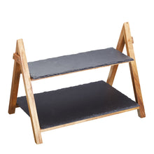 Load image into Gallery viewer, 2 Tier Slate &amp; Wood Serving Stand
